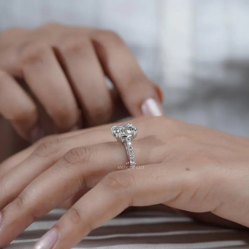 round lab grown diamond ring with pave band