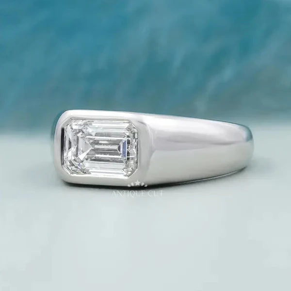 East West Engagement Ring | Lab Grown Emerald Bezel Set Diamond in White Gold
