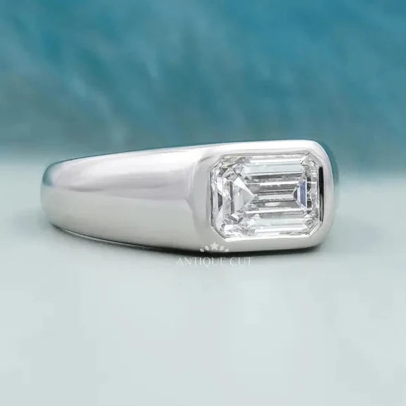 East West Engagement Ring | Lab Grown Emerald Bezel Set Diamond in White Gold