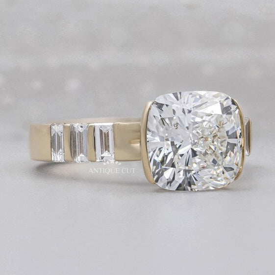 Cushion cut diamond ring half bezel side view