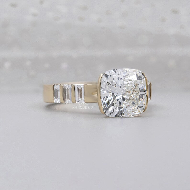 Cushion cut diamond ring half bezel side view