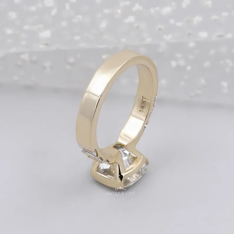 Half bezel cushion diamond ring yellow gold