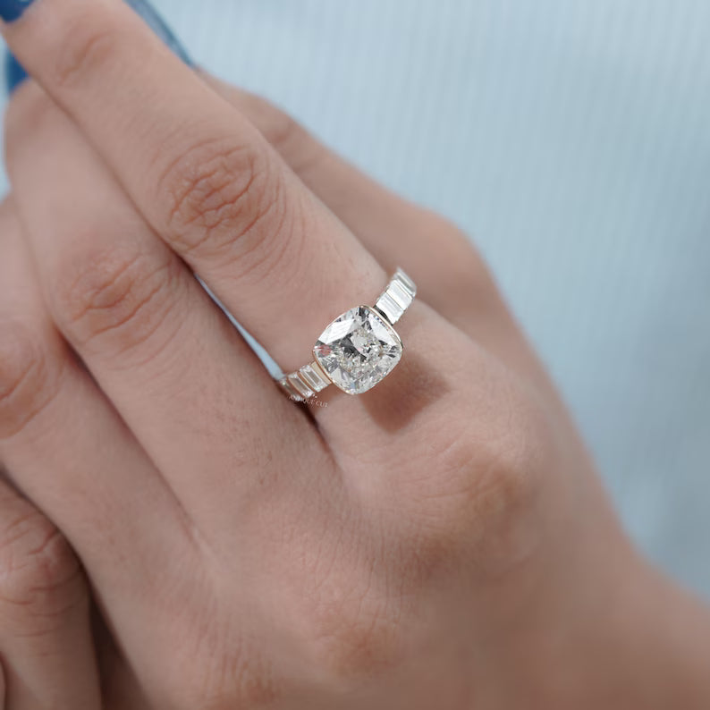 East West Cushion Cut Engagement Ring With Half Bezel