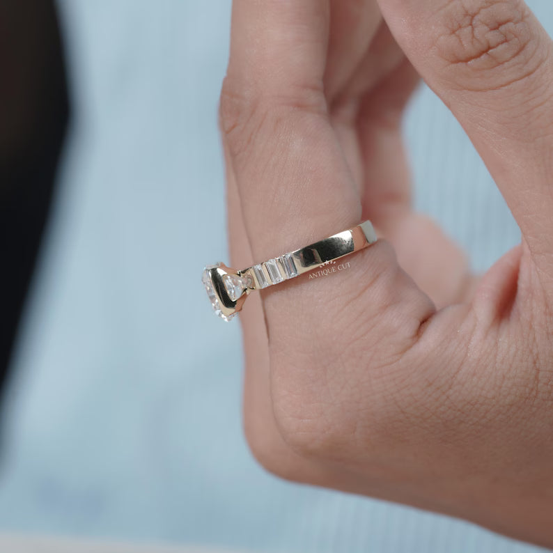 East West Cushion Cut Engagement Ring With Half Bezel