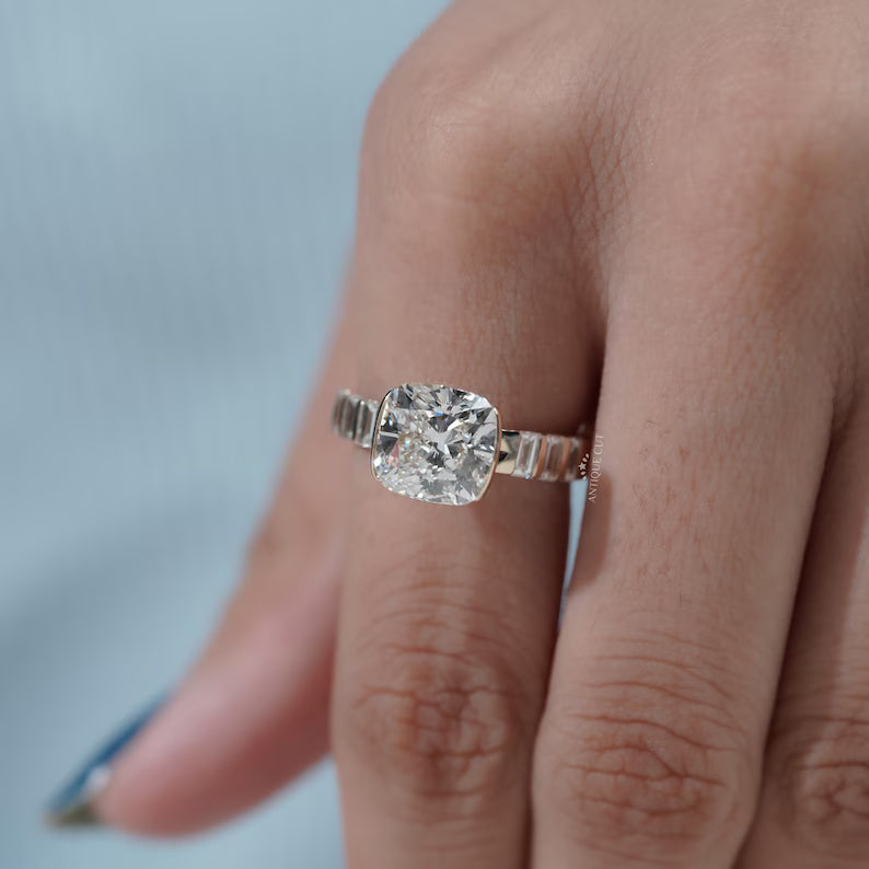 East West Cushion Cut Engagement Ring With Half Bezel