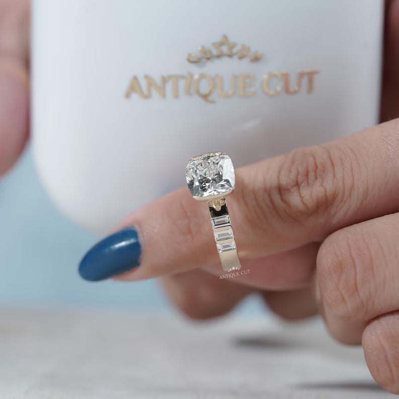 East West Cushion Cut Engagement Ring With Half Bezel