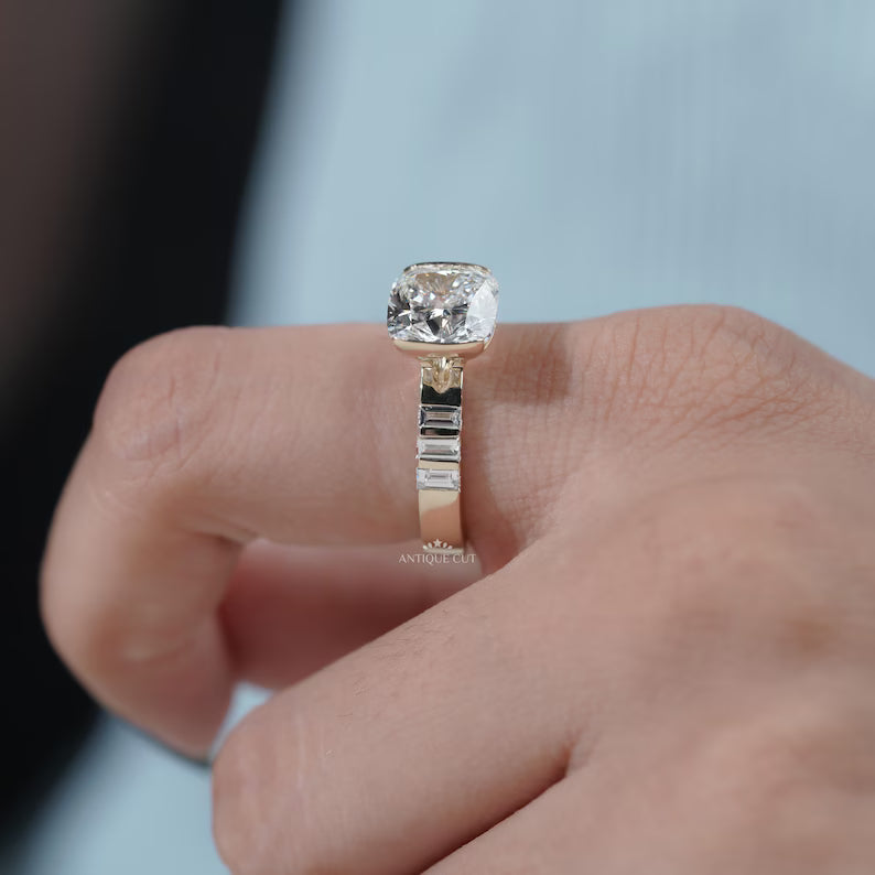 East West Cushion Cut Engagement Ring With Half Bezel