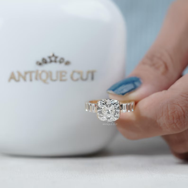 East West Cushion Cut Engagement Ring With Half Bezel