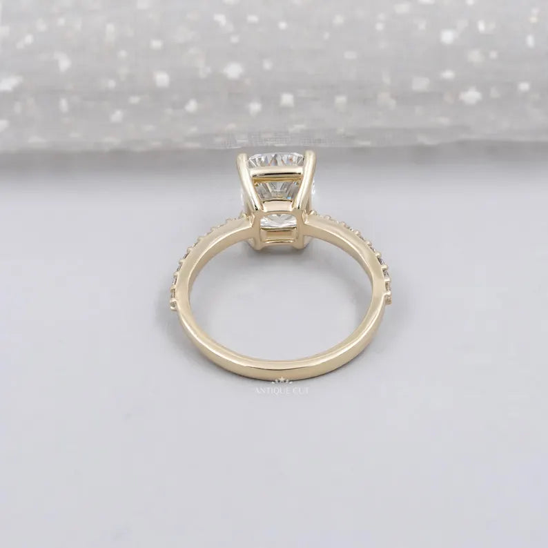 Pave diamond ring band with cushion cut center