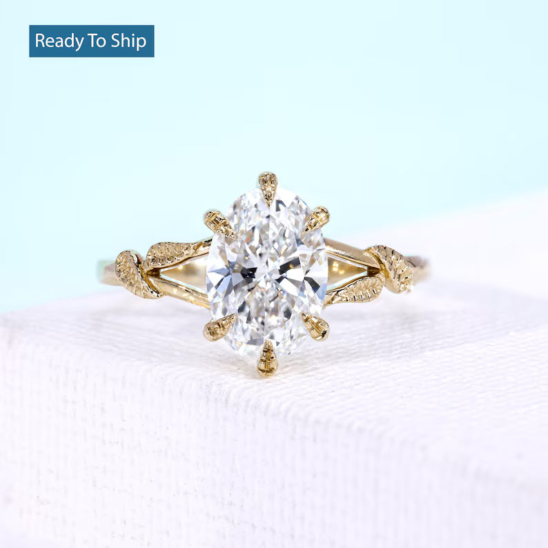 Oval Lab Grown Diamond Engagement Ring with Six Prong Leaf Vine Setting | Yellow Gold Bridal Ring