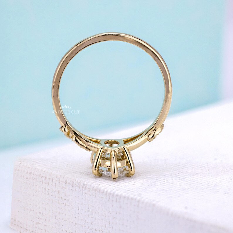 Oval Lab Grown Diamond Engagement Ring with Six Prong Leaf Vine Setting | Yellow Gold Bridal Ring