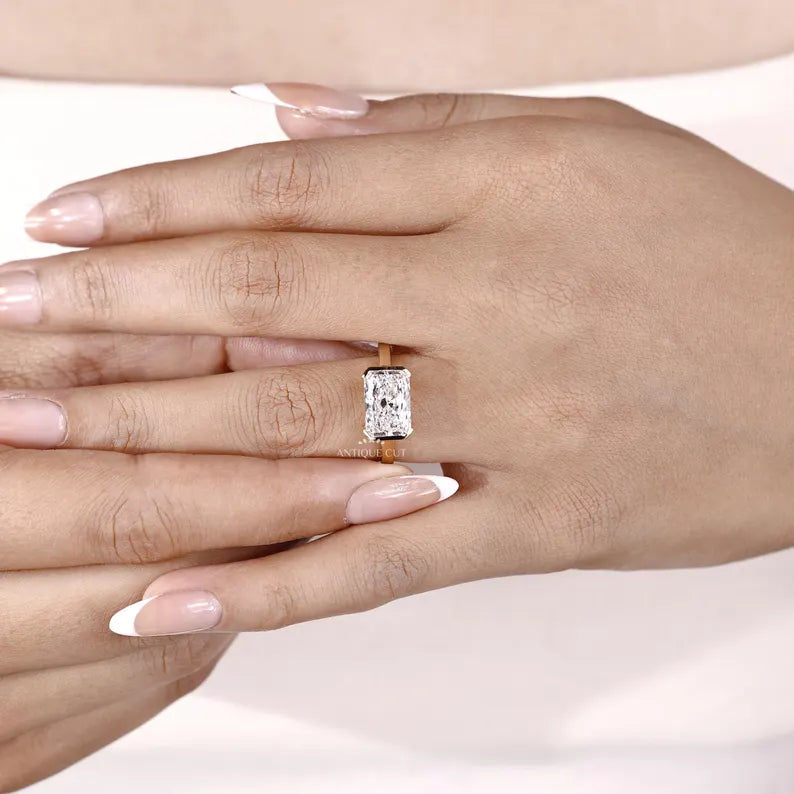 East West Radiant Cut Diamond With Half Bezel Setting | Lab Grown Engagement Design