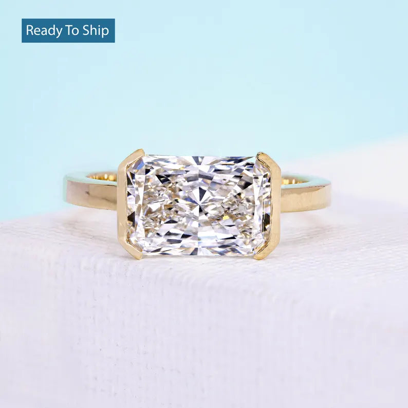 East West Radiant Cut Diamond With Half Bezel Setting | Lab Grown Engagement Design