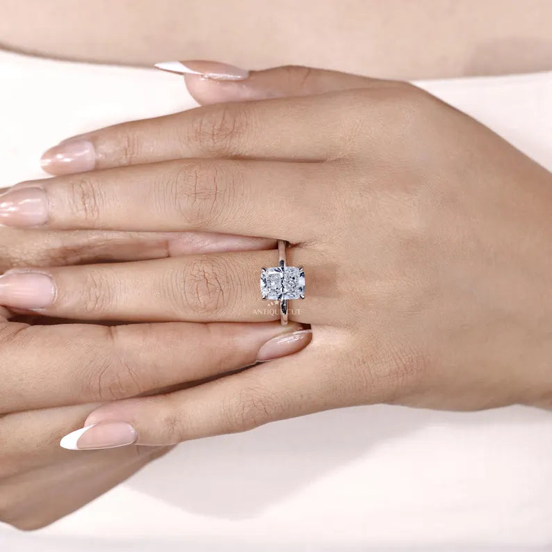 Cushion Cut Hidden Halo Engagement Ring in 14K White Gold | Minimalist Bridal Engagement Ring for Her