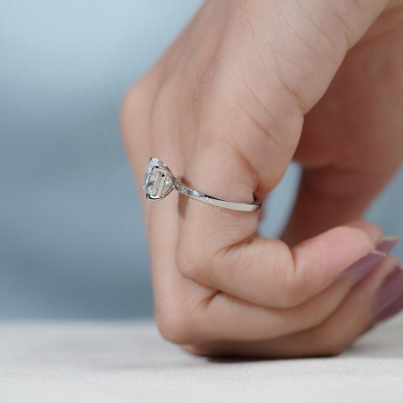 East-West Cushion Cut Lab Grown Diamond Solitaire Engagement Ring in White Gold | Proposal Ring for Her