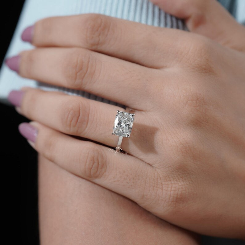 East-West Cushion Cut Lab Grown Diamond Solitaire Engagement Ring in White Gold | Proposal Ring for Her