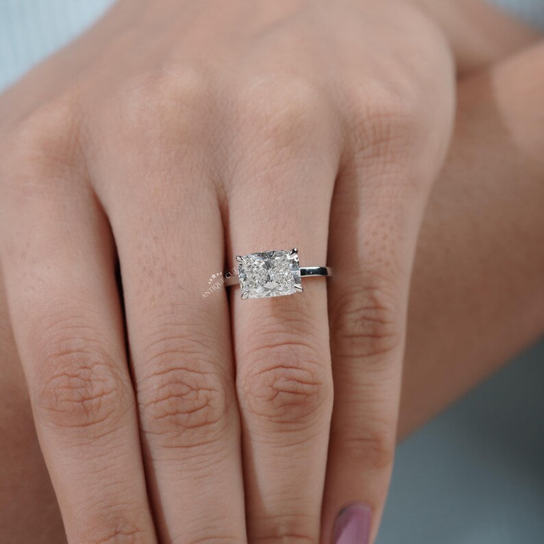 East-West Cushion Cut Lab Grown Diamond Solitaire Engagement Ring in White Gold | Proposal Ring for Her