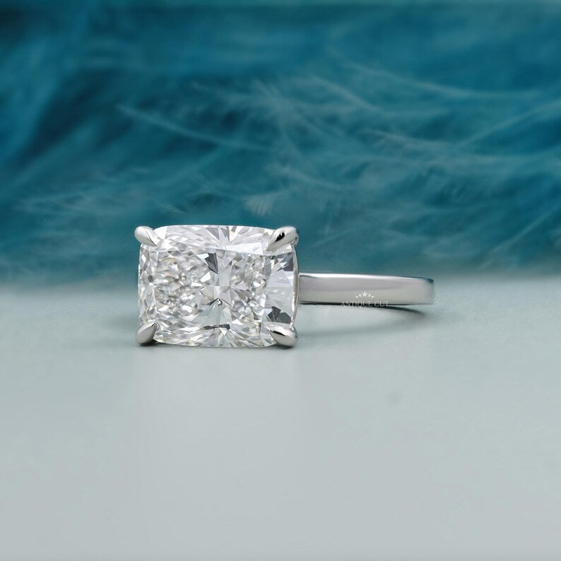 East-West Cushion Cut Lab Grown Diamond Solitaire Engagement Ring in White Gold | Proposal Ring for Her