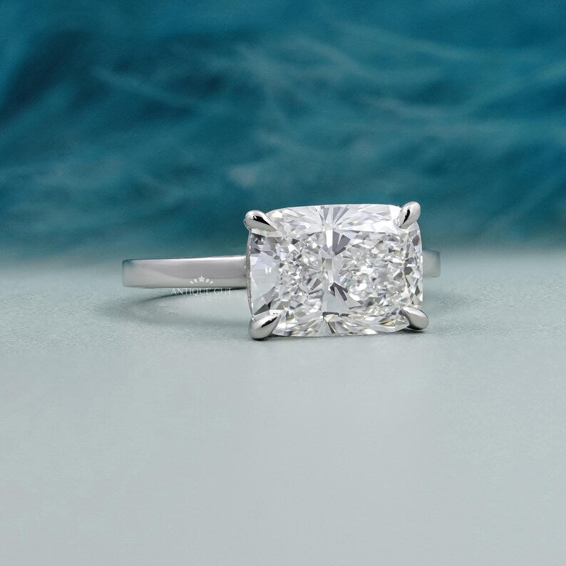 East-West Cushion Cut Lab Grown Diamond Solitaire Engagement Ring in White Gold | Proposal Ring for Her