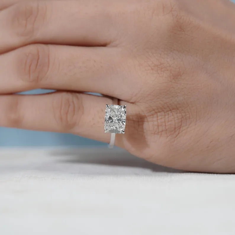 East-West Cushion Cut Lab Grown Diamond Solitaire Engagement Ring in White Gold | Proposal Ring for Her