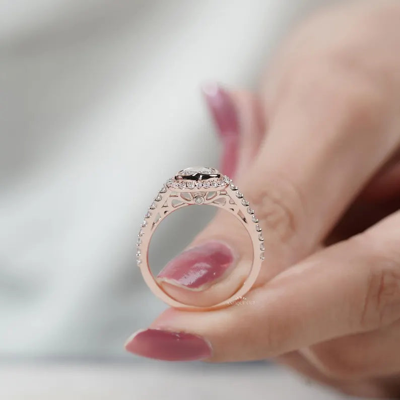 Heart Cut Lab Grown Diamond Engagement Ring With Bezel Halo Pave Band, Gift for Her