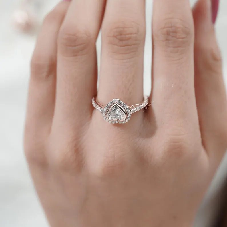 Heart Cut Lab Grown Diamond Engagement Ring With Bezel Halo Pave Band, Gift for Her