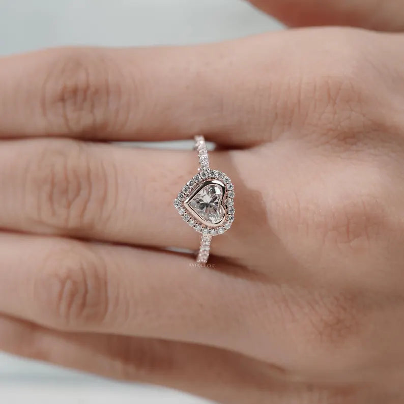 Heart Cut Lab Grown Diamond Engagement Ring With Bezel Halo Pave Band, Gift for Her