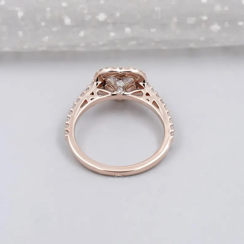 Heart Cut Lab Grown Diamond Engagement Ring With Bezel Halo Pave Band, Gift for Her