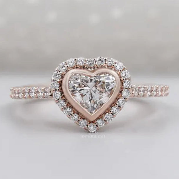 Heart Cut Lab Grown Diamond Engagement Ring With Bezel Halo Pave Band