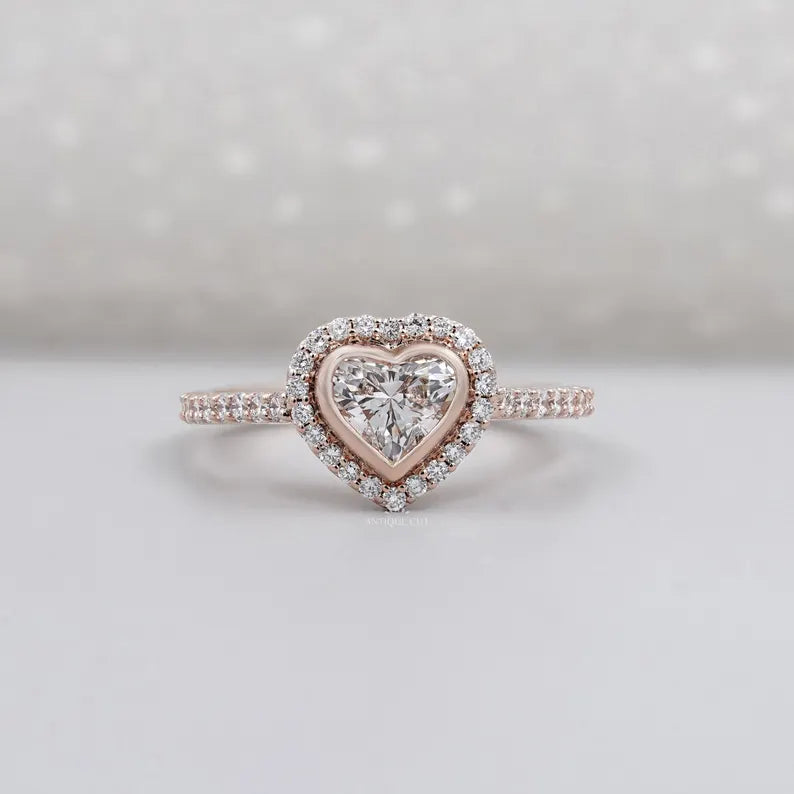 Heart Cut Lab Grown Diamond Engagement Ring With Bezel Halo Pave Band, Gift for Her
