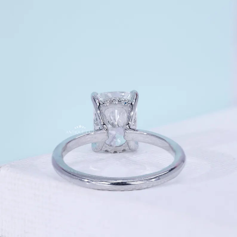 Cushion Cut Hidden Halo Engagement Ring in 14K White Gold | Minimalist Bridal Engagement Ring for Her