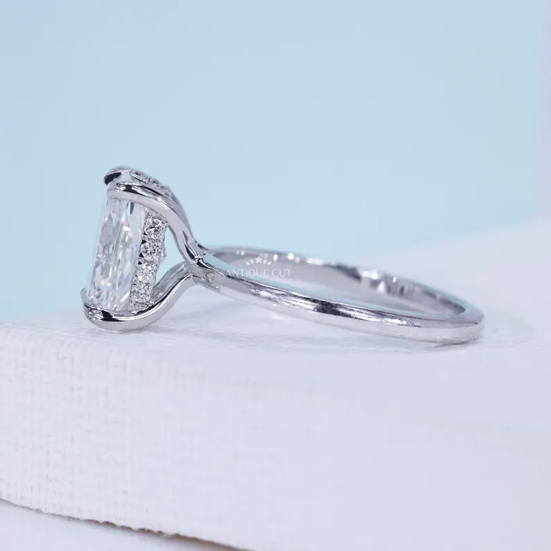 Cushion Cut Hidden Halo Engagement Ring in 14K White Gold | Minimalist Bridal Engagement Ring for Her