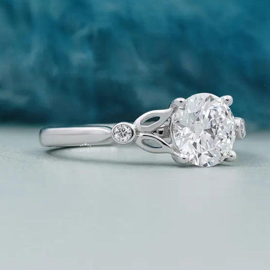 Round Cut Diamond Engagement Ring with Leaf Side Accents in White Gold | IGI Certified