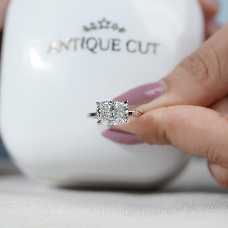 East-West Cushion Cut Lab Grown Diamond Solitaire Engagement Ring in White Gold | Proposal Ring for Her
