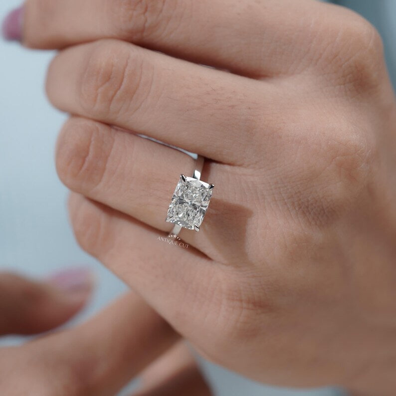 East-West Cushion Cut Lab Grown Diamond Solitaire Engagement Ring in White Gold | Proposal Ring for Her