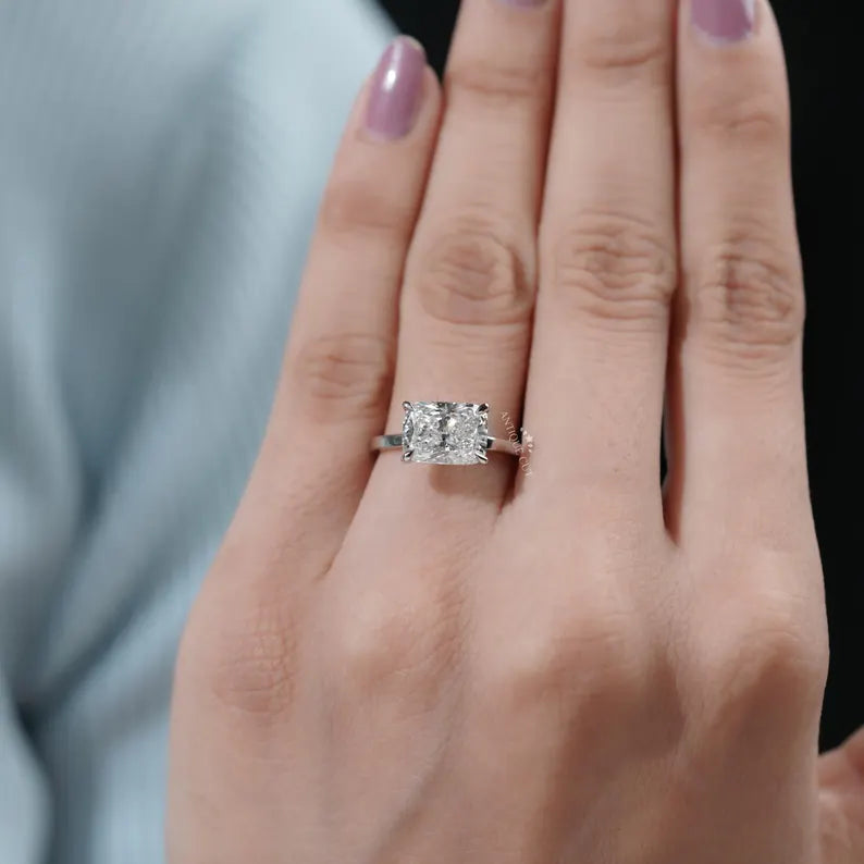East-West Cushion Cut Lab Grown Diamond Solitaire Engagement Ring in White Gold | Proposal Ring for Her