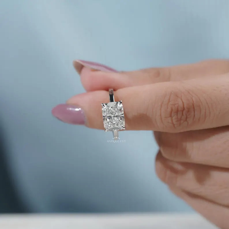 East-West Cushion Cut Lab Grown Diamond Solitaire Engagement Ring in White Gold | Proposal Ring for Her