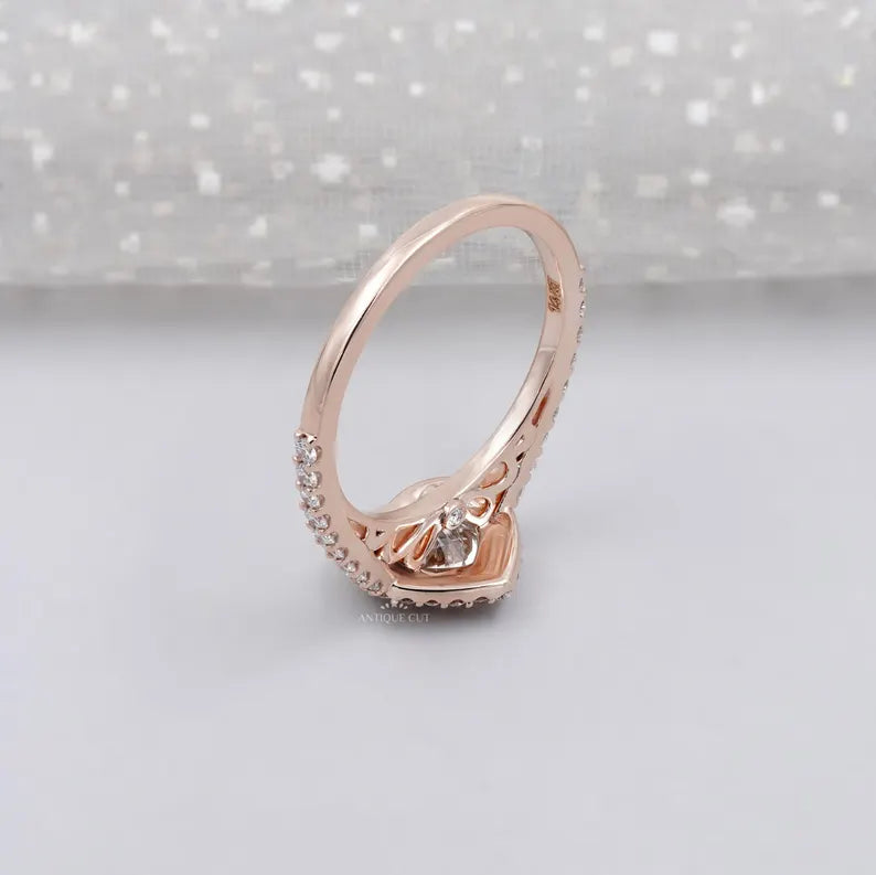 Heart Cut Lab Grown Diamond Engagement Ring With Bezel Halo Pave Band, Gift for Her
