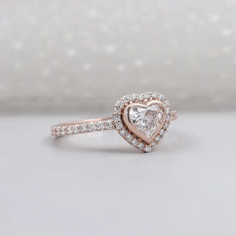 Heart Cut Lab Grown Diamond Engagement Ring With Bezel Halo Pave Band, Gift for Her