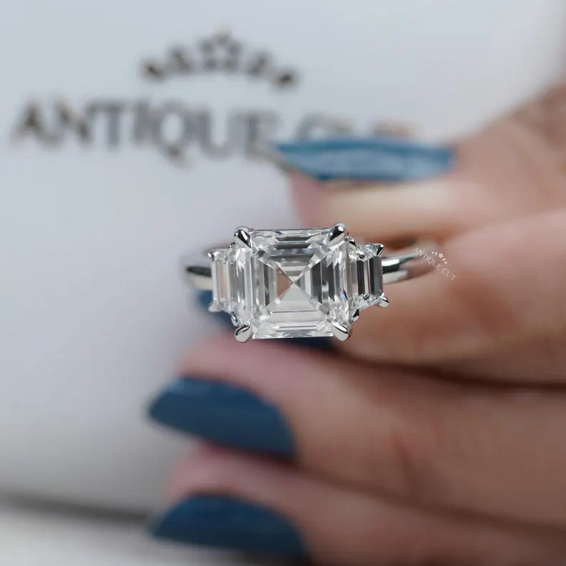 White Gold Three Stone Square Emerald Cut Ring