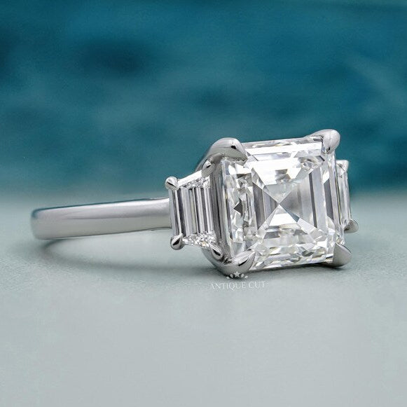 Three Stone Square Emerald Cut Diamond Ring with Classic Four Prong Setting