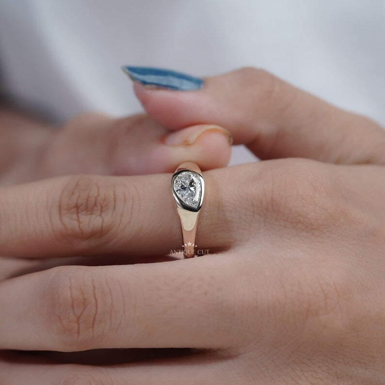 Lab grown pear diamond ring with tapered gold band