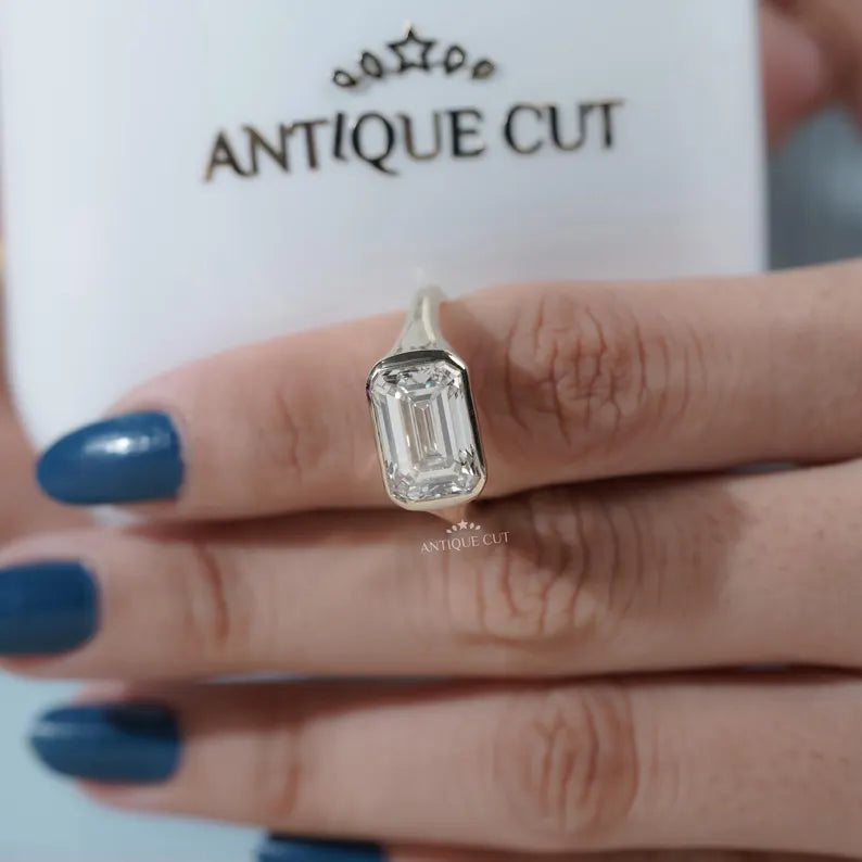 Emerald Cut Lab Grown Diamond Signet Ring With East-West Bezel Setting in Yellow Gold