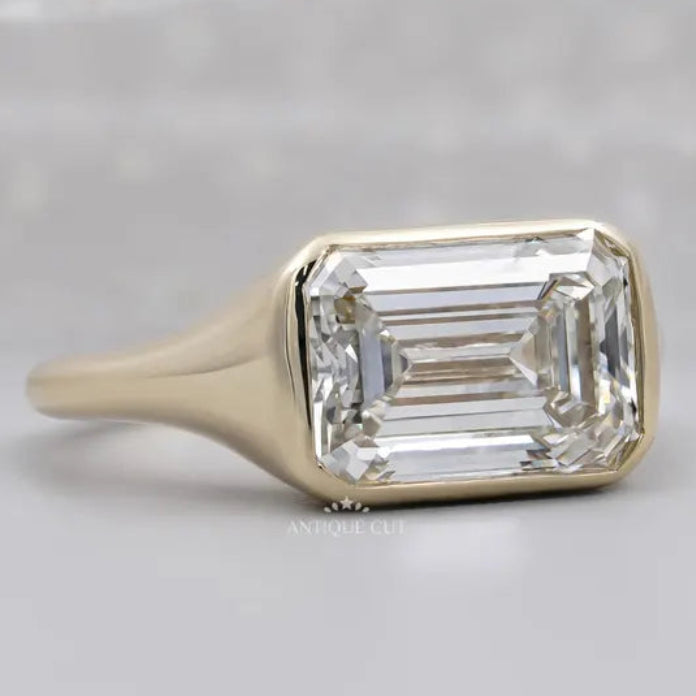 Emerald Cut Lab Grown Diamond Signet Ring With East-West Bezel Setting in Yellow Gold