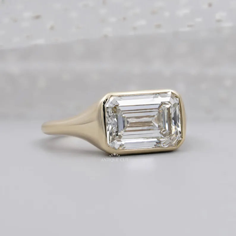 Emerald Cut Lab Grown Diamond Signet Ring With East-West Bezel Setting in Yellow Gold