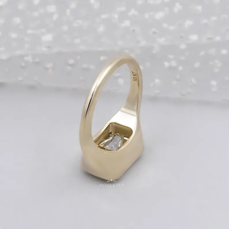 Emerald Cut Lab Grown Diamond Signet Ring With East-West Bezel Setting in Yellow Gold