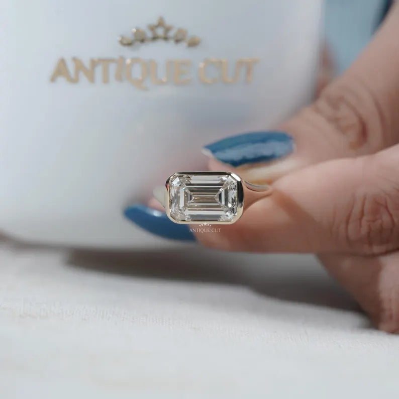 Emerald Cut Lab Grown Diamond Signet Ring With East-West Bezel Setting in Yellow Gold