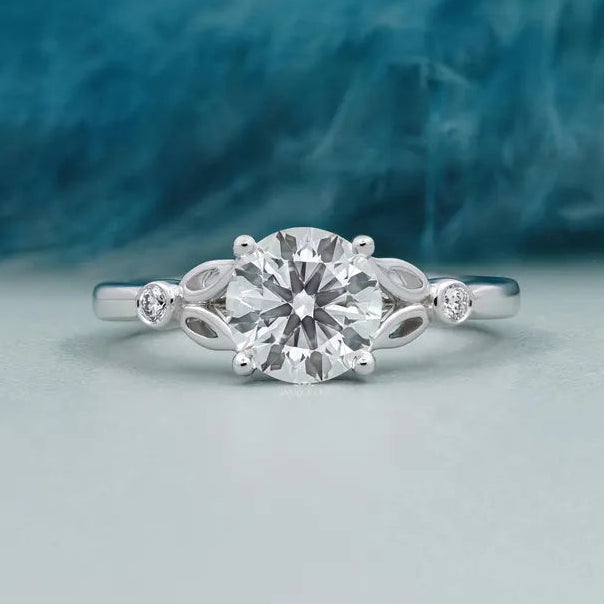 Round Cut Diamond Engagement Ring with Leaf Side Accents in White Gold | IGI Certified