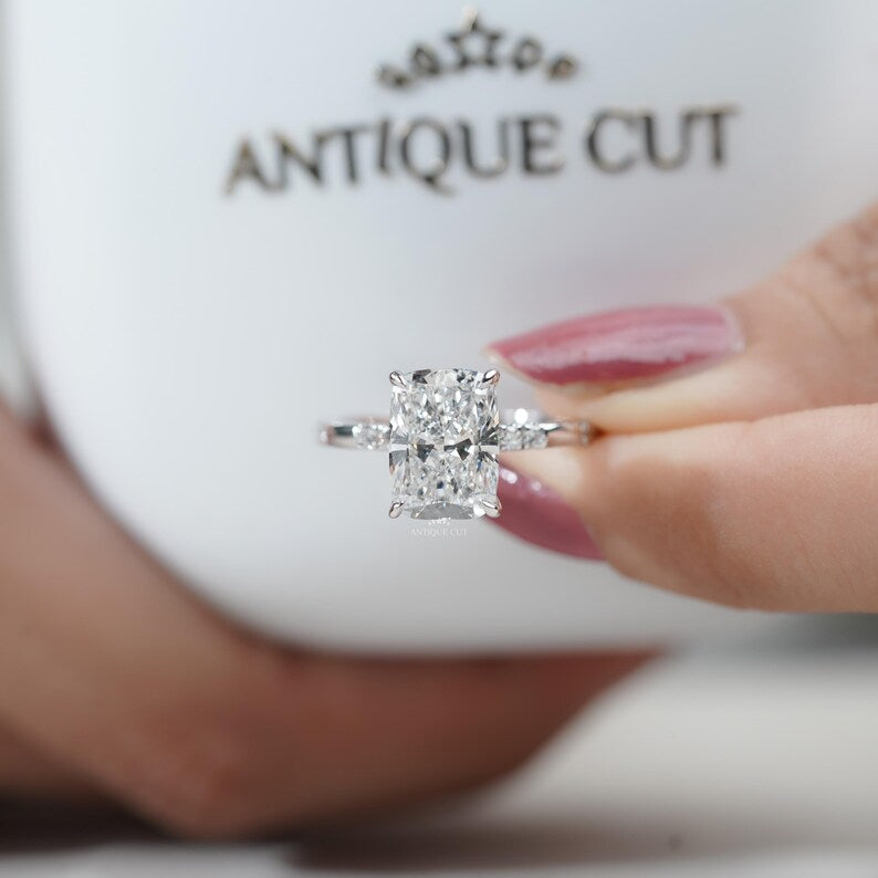 Modern cushion cut engagement ring crafted in white gold with IGI certified lab grown diamond.