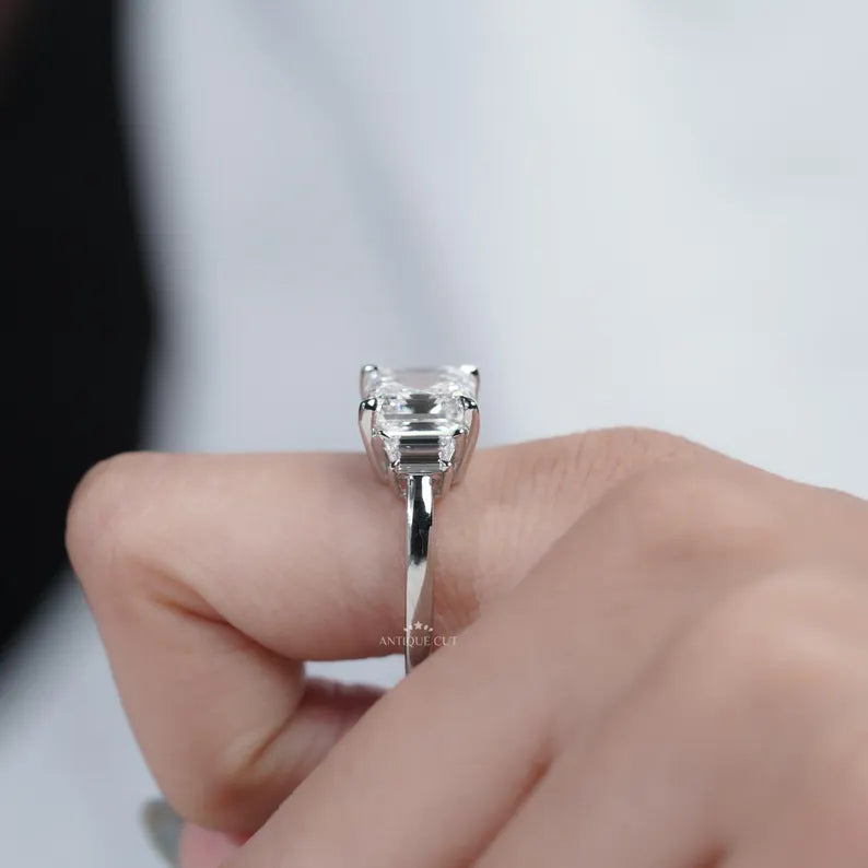 White Gold Three Stone Square Emerald Cut Ring